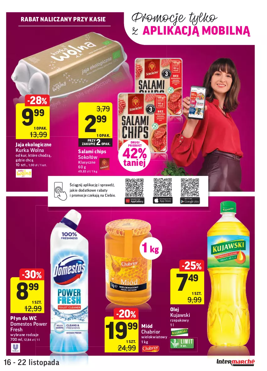 Gazetka promocyjna Intermarche - Gazetka promocyjna - ważna 16.11 do 22.11.2021 - strona 5 - produkty: Chabrior, Domestos, Jaja, Kujawski, Miód, Mobil, Olej, Płyn do wc, Salami, Sok, Sokołów, Top