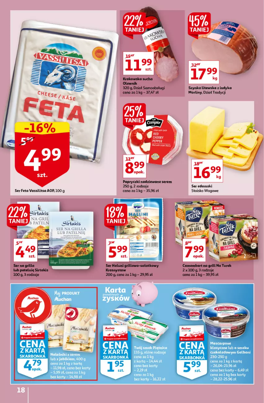 Gazetka promocyjna Auchan - Sezon na lato Supermarkety - ważna 01.07 do 07.07.2021 - strona 18 - produkty: Edam, Feta, Grill, Mascarpone, Morliny, Piątnica, Ser, Szynka, Twój Smak