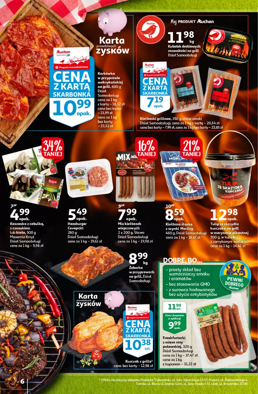 Gazetka promocyjna Auchan - Sezon na lato Supermarkety - ważna 01.07 do 07.07.2021 - strona 6 - produkty: Burger, Fa, Frankfurterki, Grill, Hamburger, Kiełbasa, Kiełbasa śląska, Kurczak, Morliny, Ocet