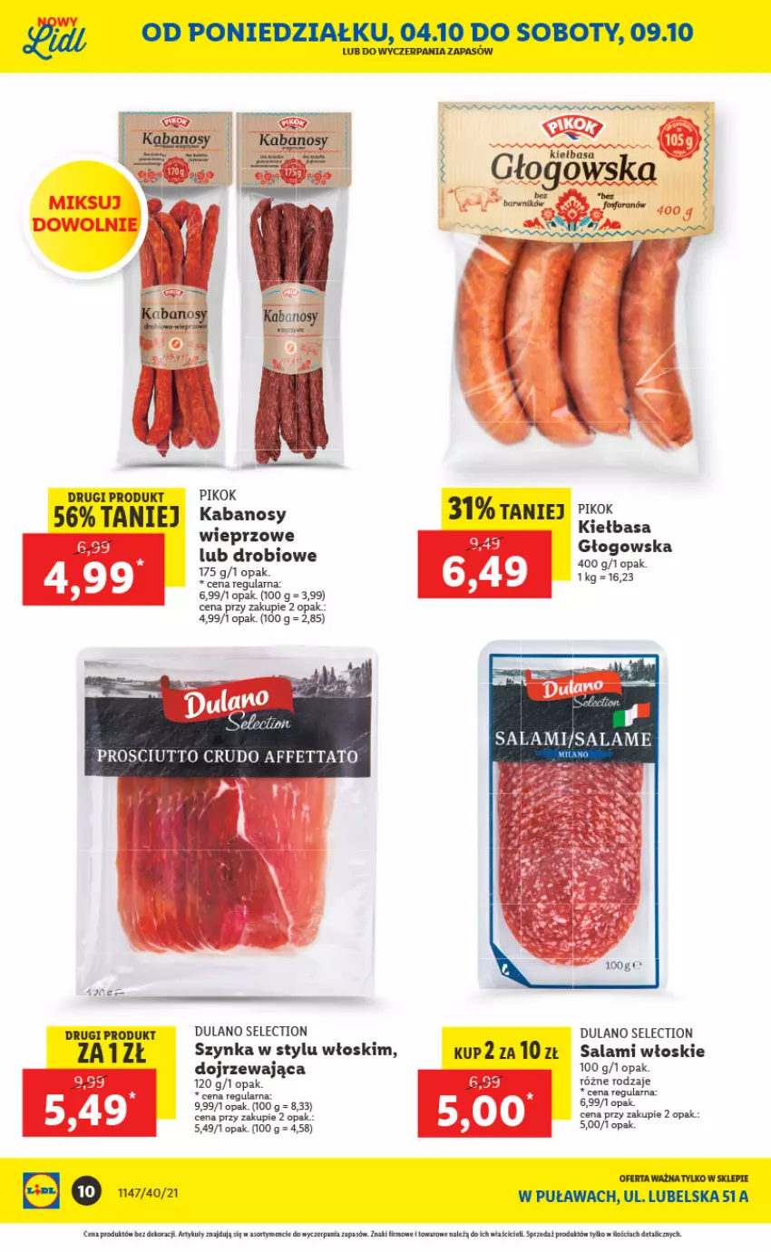 Gazetka promocyjna Lidl - Lidl w Puławach ponownie otwarty - ważna 04.10 do 10.10.2021 - strona 10 - produkty: Dulano, Kabanos, Kiełbasa, Kiełbasa głogowska, PIKOK, Prosciutto, Salami, Szynka