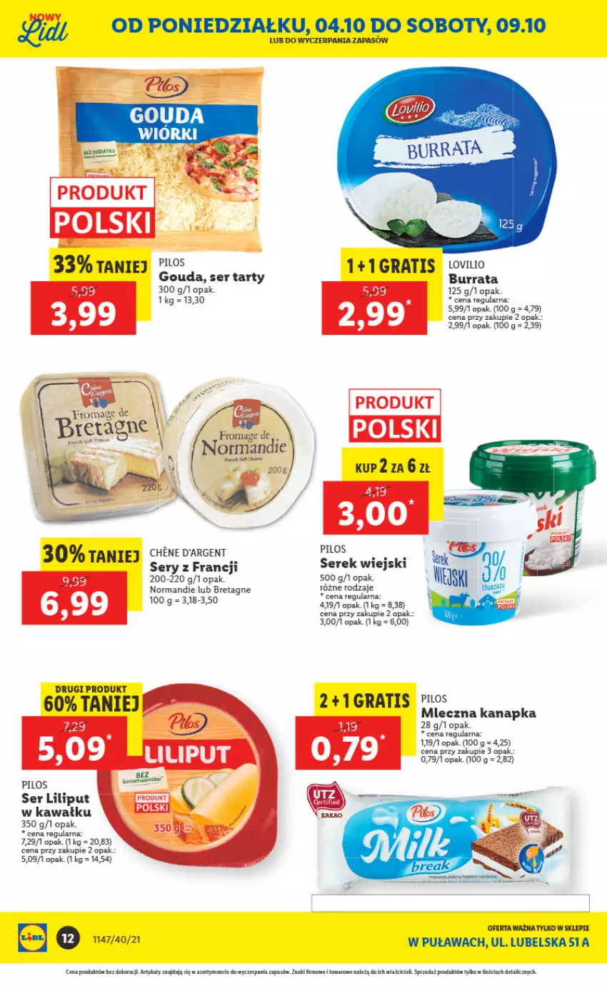 Gazetka promocyjna Lidl - Lidl w Puławach ponownie otwarty - ważna 04.10 do 10.10.2021 - strona 12 - produkty: Burrata, Gouda, Gra, Kawa, Lovi, Mleczna kanapka, Olma, Pilos, Ser, Serek, Serek wiejski