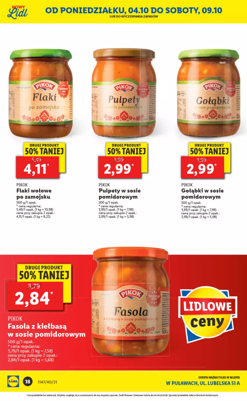 Gazetka promocyjna Lidl - Lidl w Puławach ponownie otwarty - ważna 04.10 do 10.10.2021 - strona 18 - produkty: Flaki, Flaki wołowe, PIKOK, Pulpety, Sos