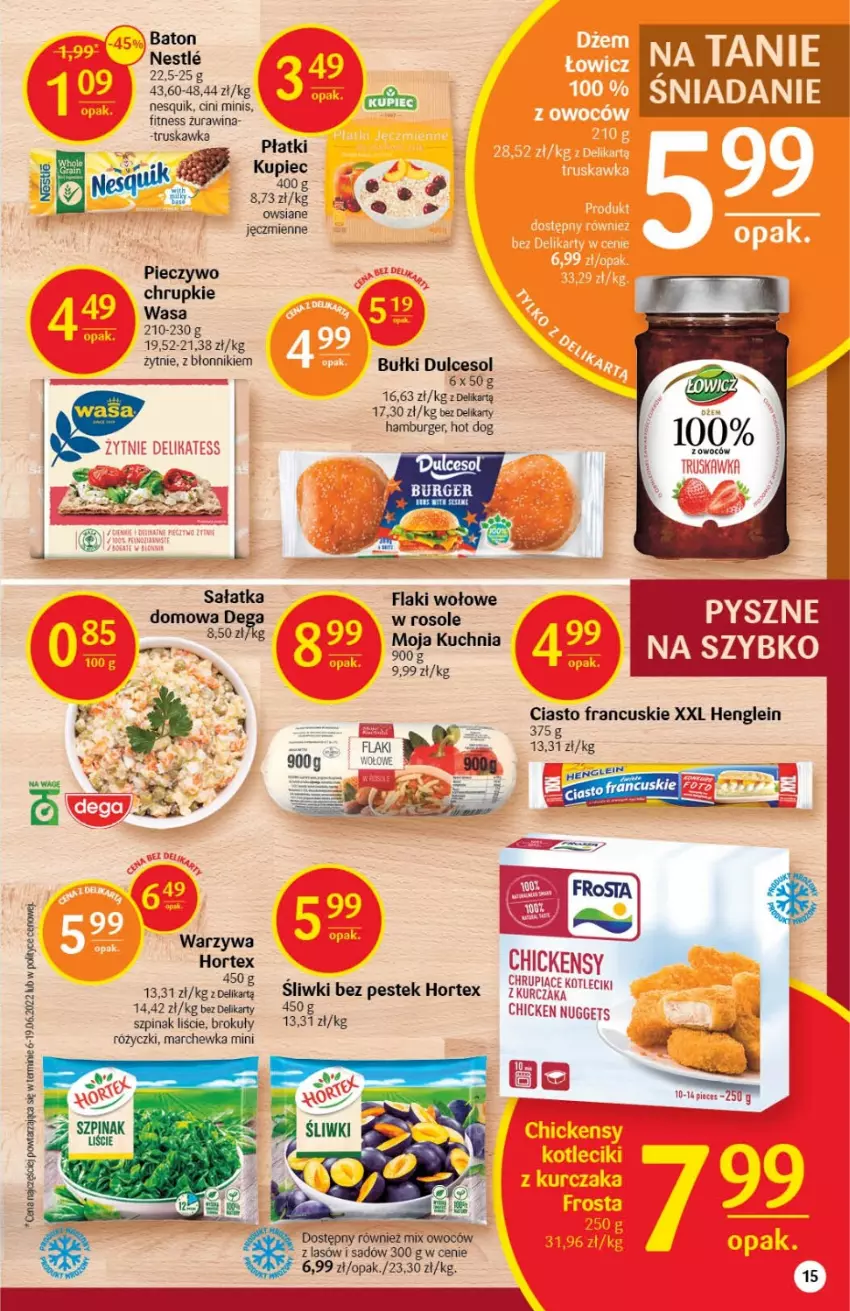 Gazetka promocyjna Delikatesy Centrum - Gazetka DC30 - ważna 04.08 do 10.08.2022 - strona 15 - produkty: Baton, Brokuły, Burger, Chrupki, Ciasto francuskie, Cini Minis, Dega, Flaki, Flaki wołowe, Hamburger, Hortex, Hot dog, Kuchnia, Kupiec, Kurczak, Marchewka, Nesquik, Piec, Pieczywo, Pieczywo chrupkie, Sałat, Sałatka, Stek, Szpinak, Warzywa, Wasa