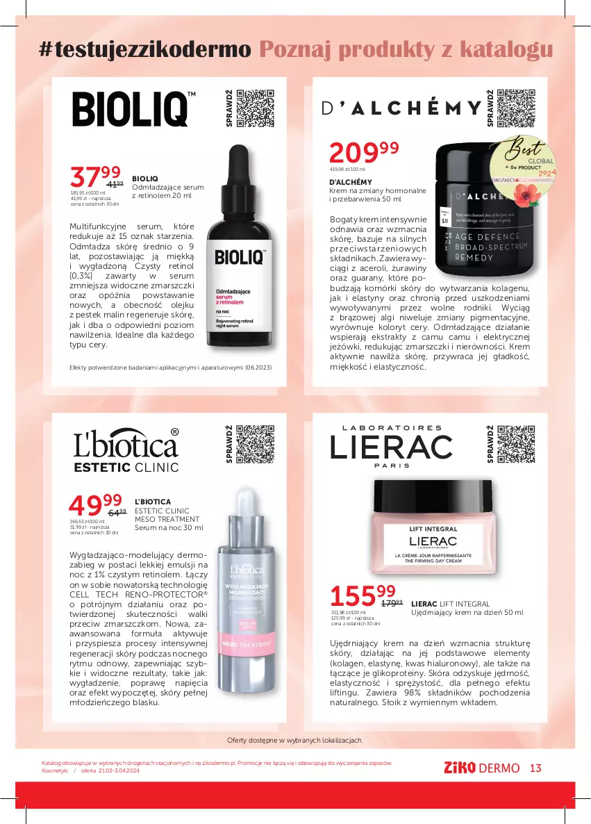 Gazetka promocyjna Ziko - Gazetka Ziko Dermo - ważna 21.03 do 03.04.2024 - strona 13 - produkty: Acer, Clin, Gra, Kolagen, Krem na dzień, L'Biotica, LG, Lierac, Mars, Odmładzające serum, Olej, Rum, Ser, Serum, Stek