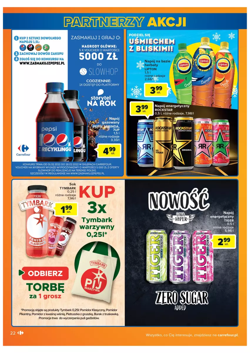 Gazetka promocyjna Carrefour - Gazetka Carrefour - ważna 08.02 do 28.02.2022 - strona 22 - produkty: Napój, Napój energetyczny, Pepsi, Pietruszka, Sok, Tymbark