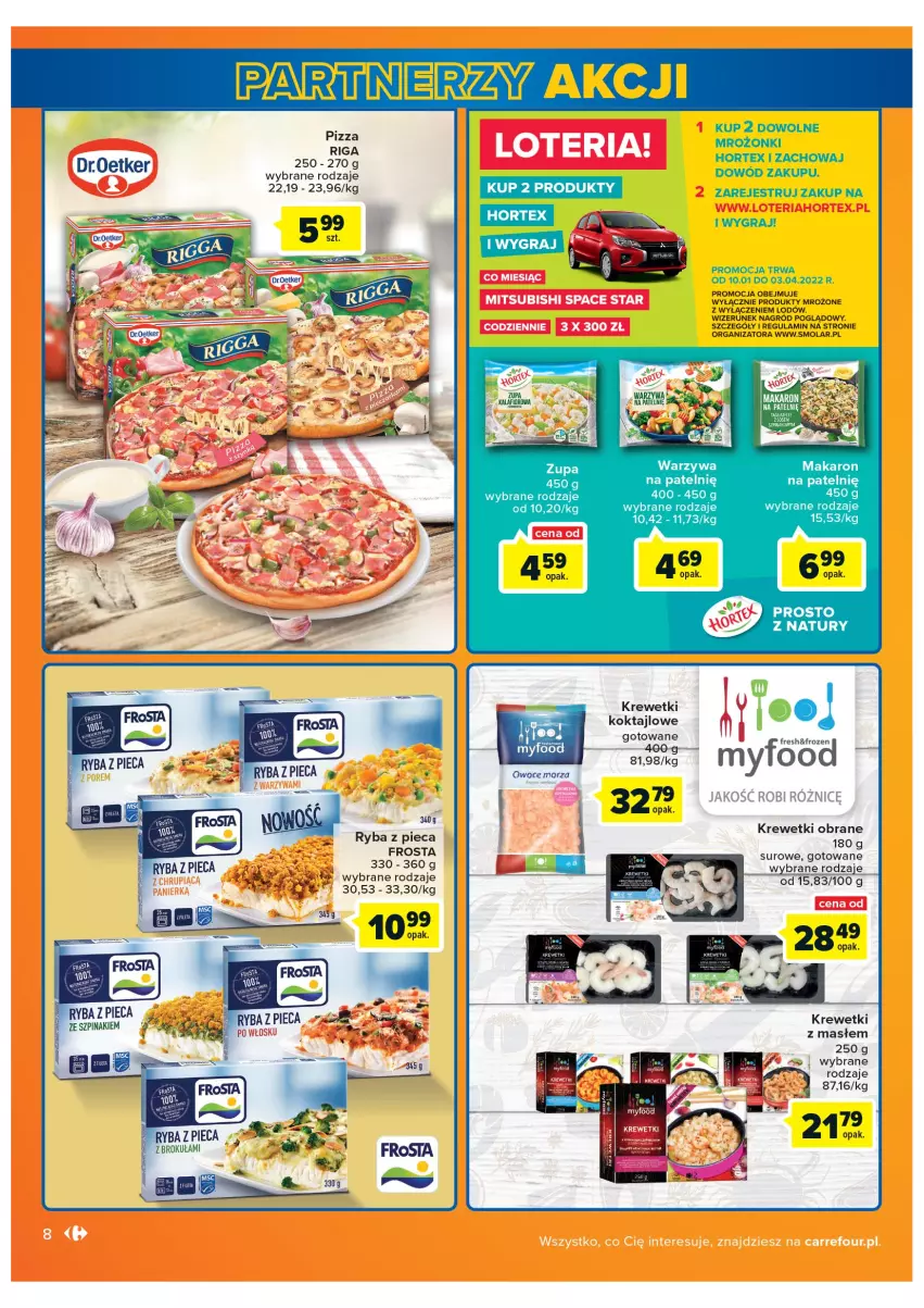 Gazetka promocyjna Carrefour - Gazetka Carrefour - ważna 08.02 do 28.02.2022 - strona 8 - produkty: Fa, Frosta, Frozen, Gra, Hortex, Krewetki, Makaron, Mola, Piec, Pizza, Produkty mrożone, Ryba, Tagliatelle, Zupa