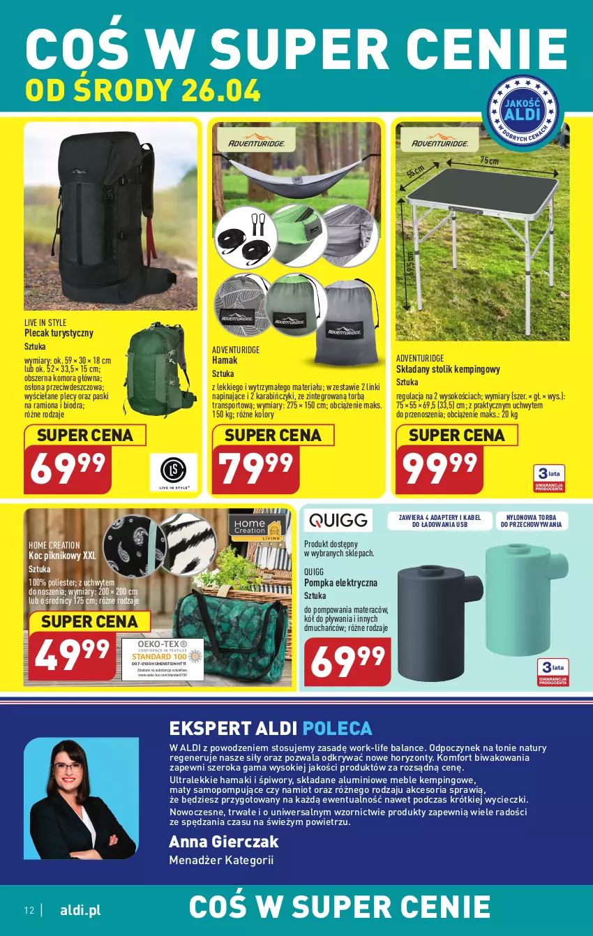 Gazetka promocyjna Aldi - COŚ w tym tygodniu - ważna 26.04 do 29.04.2023 - strona 12 - produkty: Hama, Koc, Materac, Meble, Mop, Namiot, Piwo, Plecak, Pompka, Por, Sok, Sport, Stolik, Tera, Torba, Tran