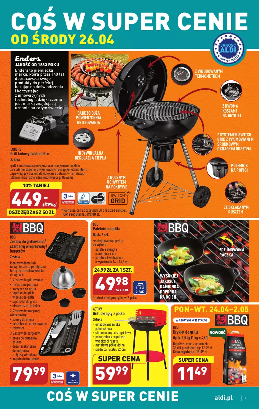 Gazetka promocyjna Aldi - COŚ w tym tygodniu - ważna 26.04 do 29.04.2023 - strona 5 - produkty: Burger, GRID, Grill, Kosz, Miska, Otwieracz, Palenisko, Pojemnik, Półka, Por, Rękawice, Sok, Sport, Stek, Szczypce, Szpatułka, Termometr, Torba, Tran, Widelec