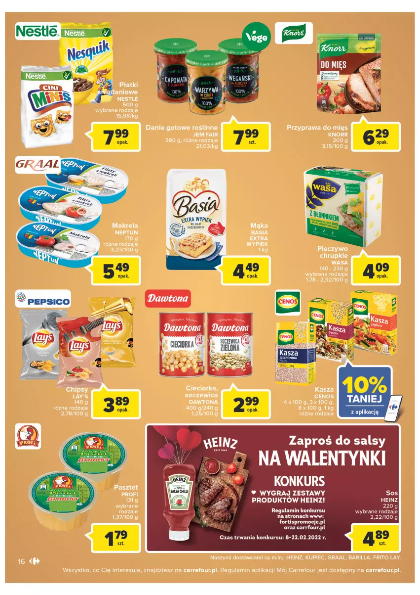 Gazetka promocyjna Carrefour - Gazetka Carrefour Zyskoteka - ważna 08.02 do 14.02.2022 - strona 16 - produkty: Barilla, Cenos, Chrupki, Cieciorka, Danie gotowe, Dawtona, Fa, Gra, Graal, Heinz, Kasza, Knorr, Kupiec, Orka, Pasztet, Piec, Pieczywo, Pieczywo chrupkie, Wasa