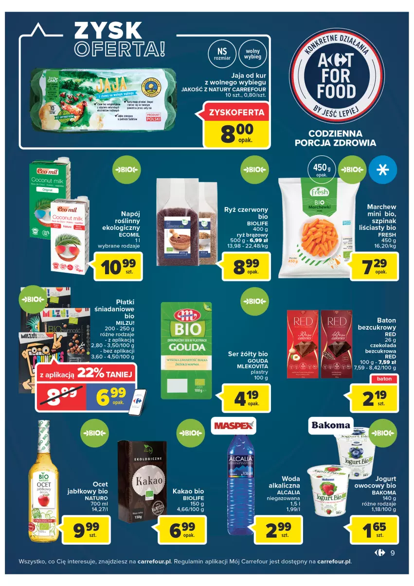 Gazetka promocyjna Carrefour - Gazetka Carrefour Zyskoteka - ważna 08.02 do 14.02.2022 - strona 9 - produkty: Bakoma, Baton, Czekolada, Danio, Jaja, Jogurt, Kakao, Milzu, Mleko, Mlekovita, Napój, Por, Ryż, Szpinak