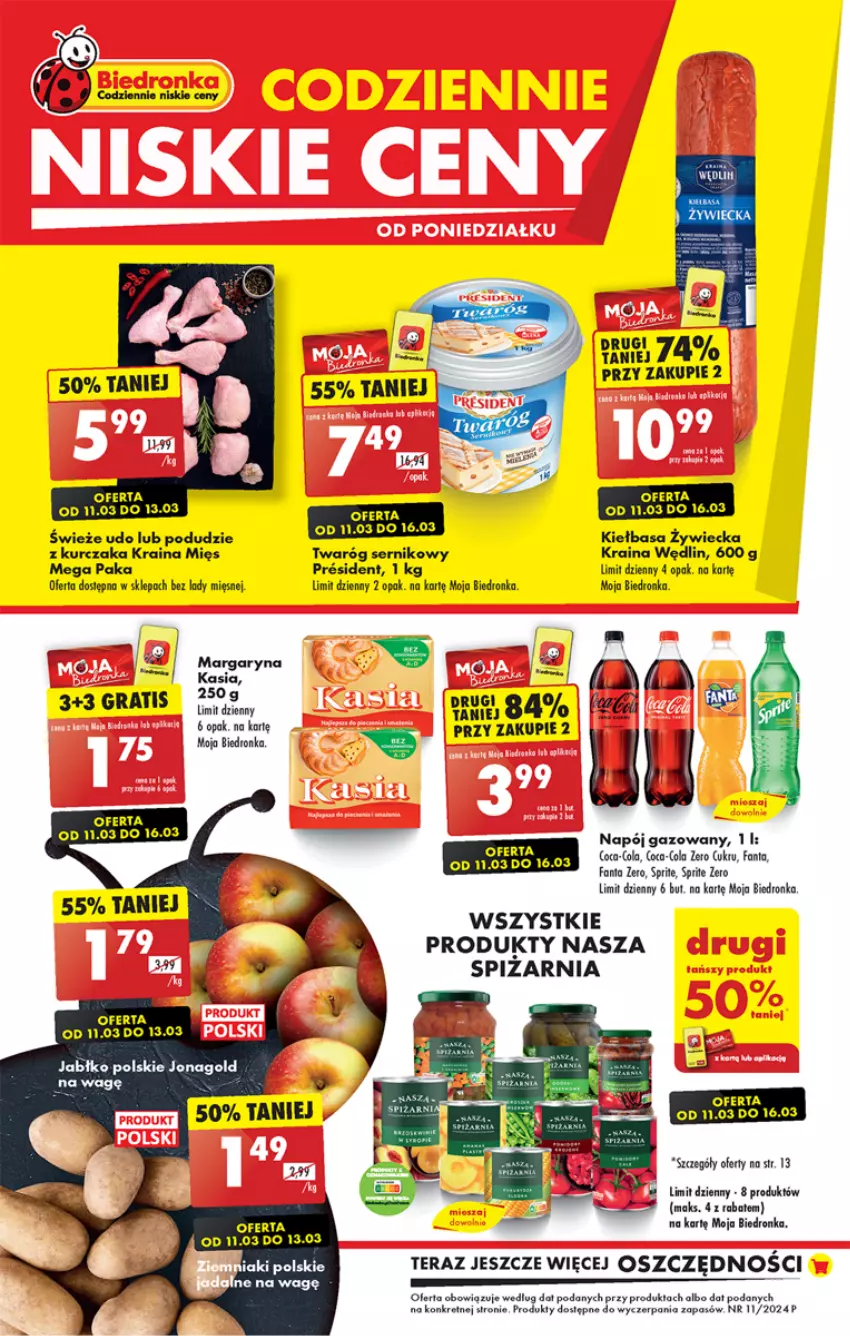 Gazetka promocyjna Biedronka - Od poniedzialku - ważna 11.03 do 16.03.2024 - strona 1 - produkty: Coca-Cola, Dron, Fa, Fanta, Gra, Kiełbasa, Kret, Kurczak, LG, Napój, Napój gazowany, Ser, Tera, Twaróg