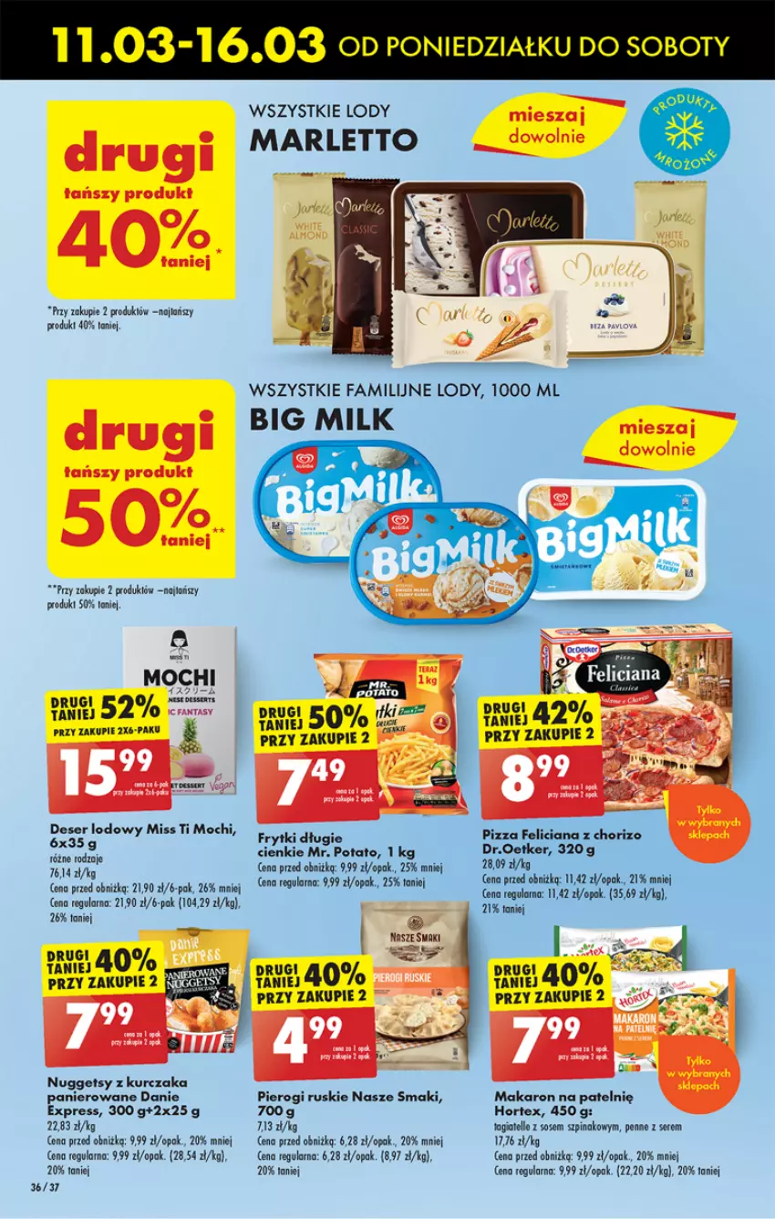 Gazetka promocyjna Biedronka - Od poniedzialku - ważna 11.03 do 16.03.2024 - strona 42 - produkty: Big Milk, Deser, Fa, Feliciana, Frytki, Hortex, Kurczak, LG, Lody, Makaron, Penne, Pierogi, Pizza, Ser, Sos, Szpinak