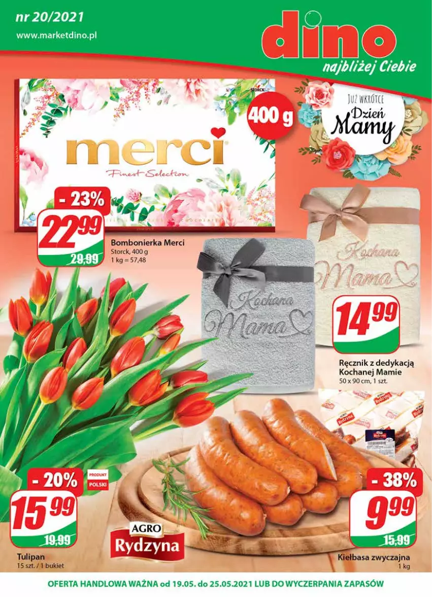 Gazetka promocyjna Dino - Gazetka - ważna 19.05 do 25.05.2021 - strona 1 - produkty: Bukiet, Kiełbasa, Koc, Merci, Ręcznik, Tulipan