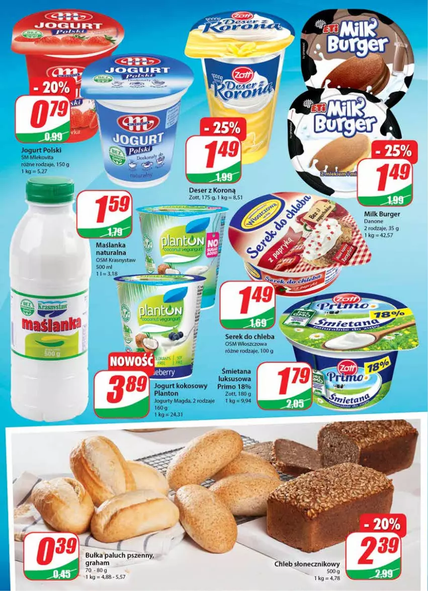 Gazetka promocyjna Dino - Gazetka - ważna 19.05 do 25.05.2021 - strona 12 - produkty: Bułka, Burger, Chleb, Danone, Deser, Gra, Jogurt, Kokos, Maślanka, Mleko, Mlekovita, Por, Ser, Serek, Zott