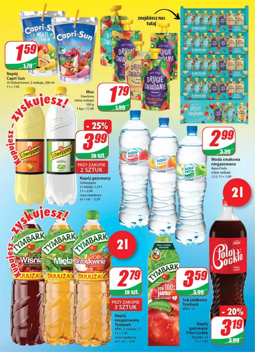 Gazetka promocyjna Dino - Gazetka - ważna 19.05 do 25.05.2021 - strona 2 - produkty: Dawtona, Mus, Napój, Napój gazowany, Napój niegazowany, Schweppes, Tymbark, Woda