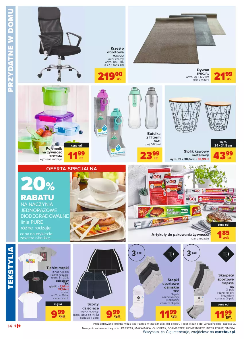 Gazetka promocyjna Carrefour - Gazetka Market - ważna 09.08 do 21.08.2021 - strona 14 - produkty: Butelka z ﬁltrem, Dywan, Dzieci, Gra, Karp, Krzesło, Krzesło obrotowe, Pojemnik, Por, Pur, Sport, Stolik, Stolik kawowy, Stopki sportowe, Szorty, T-shirt, Top