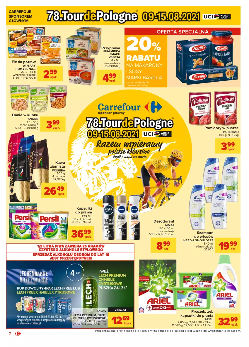 Gazetka promocyjna Carrefour - Gazetka Market - ważna 09.08 do 21.08.2021 - strona 2 - produkty: Ariel, Barilla, Dezodorant, Gra, Kapsułki do prania, Kawa, Kawa ziarnista, Knorr, Lech Premium, Makaron, Nivea, Persil, Piramidka smaku, Piwa, Piwo, Pomidory, Pudliszki, Sos, Szampon, Vegeta, Winiary, Woseba