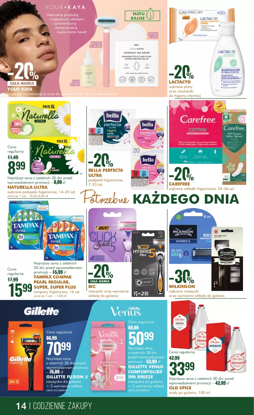 Gazetka promocyjna Super Pharm - Gazetka - ważna 12.12 do 26.12.2023 - strona 14 - produkty: Bell, Bella, BIC, Carefree, Chusteczki, Chusteczki do higieny, Dezodorant, Fusion, Gillette, Gillette Venus, Lactacyd, Maszynka, Maszynka do golenia, Naturell, Naturella, Old Spice, Olej, Pax, Perfecta, Podpaski, Szynka, Tampax, Tampony, Venus, Wkładki