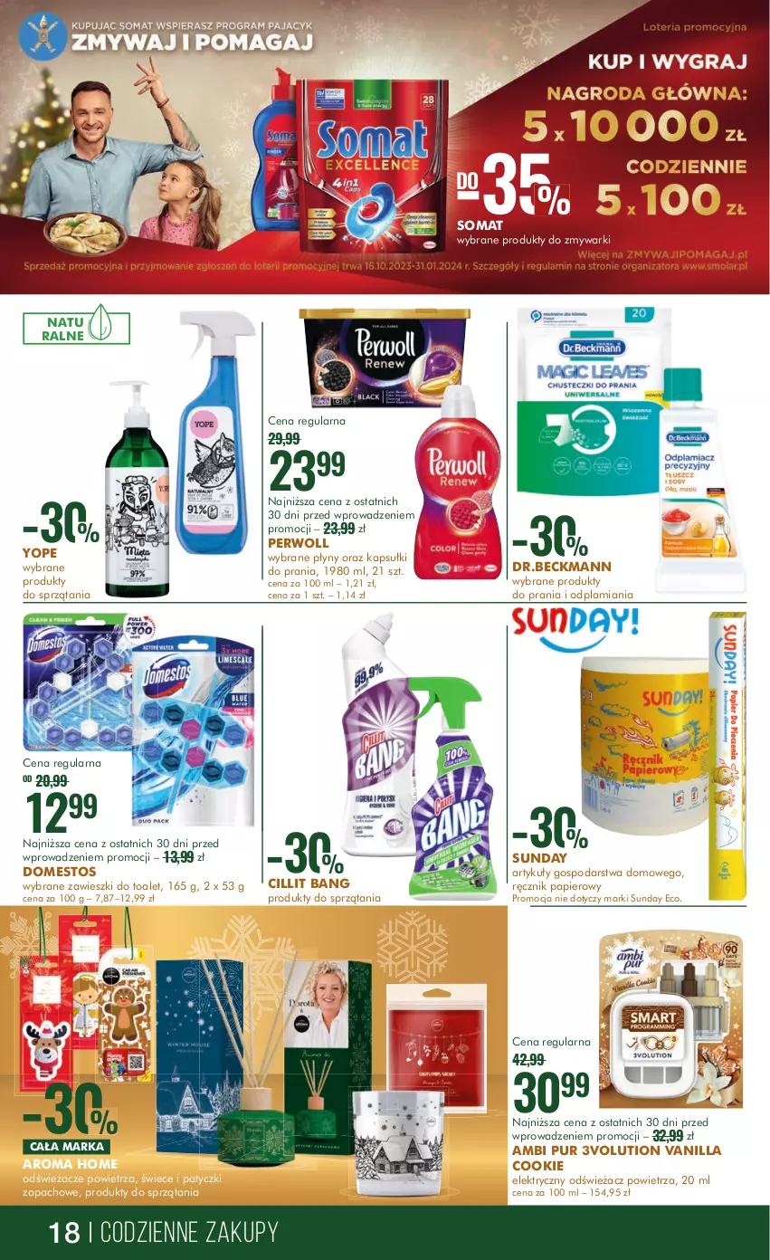 Gazetka promocyjna Super Pharm - Gazetka - ważna 12.12 do 26.12.2023 - strona 18 - produkty: Ambi Pur, Cillit Bang, Domestos, Kapsułki do prania, Odświeżacz powietrza, Papier, Perwoll, Pur, Ręcznik, Somat, Yope, Zawieszki, Zmywarki