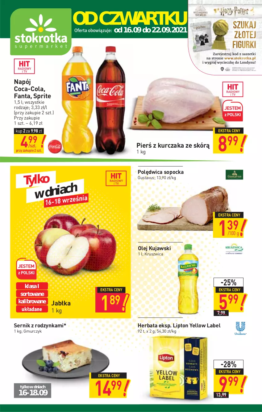 Gazetka promocyjna Stokrotka - Supermarket - ważna 16.09 do 22.09.2021 - strona 1 - produkty: Coca-Cola, Fa, Fanta, Herbata, Jabłka, Kujawski, Kurczak, Lipton, Napój, Olej, Polędwica, Ser, Sprite