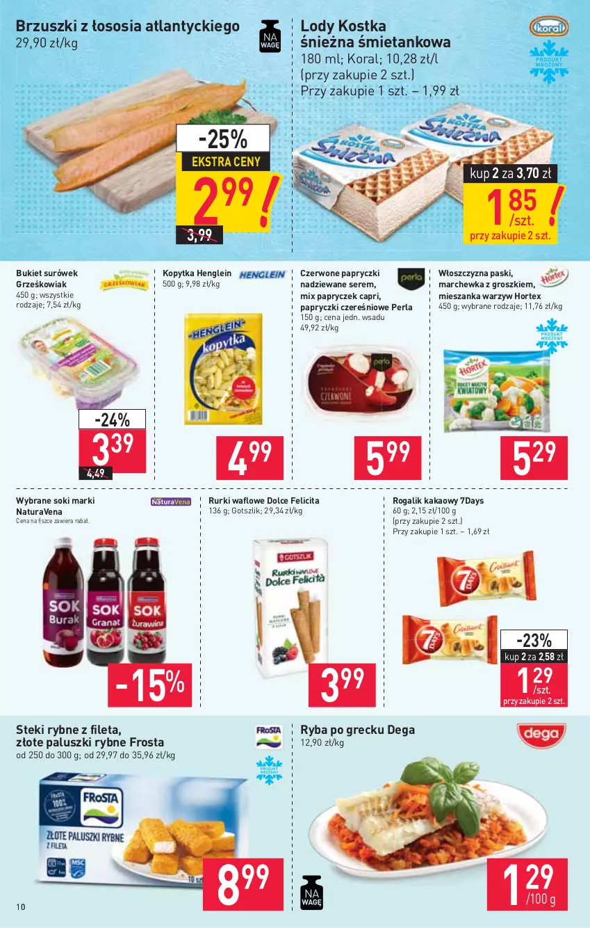 Gazetka promocyjna Stokrotka - Supermarket - ważna 16.09 do 22.09.2021 - strona 10 - produkty: Bukiet, Dega, Frosta, Gra, Hortex, Kakao, Kopytka, Lody, Marchewka, Mieszanka warzyw, Paluszki rybne, Papryczki nadziewane, Piwa, Rogal, Rurki, Ryba, Ryba po grecku, Ser, Sok, Sos, Stek