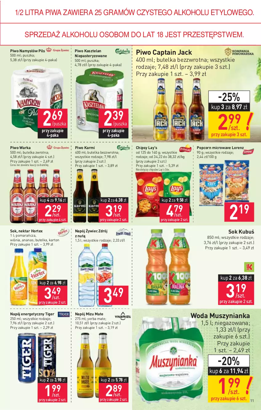 Gazetka promocyjna Stokrotka - Supermarket - ważna 16.09 do 22.09.2021 - strona 11 - produkty: Ananas, Captain Jack, Chipsy, Gra, Hortex, Karmi, Kasztelan, Kubuś, Lay’s, Lorenz, Mus, Muszynianka, Namysłów, Napój, Napój energetyczny, Nektar, Piwa, Piwo, Popcorn, Sok, Tiger, Warka, Woda