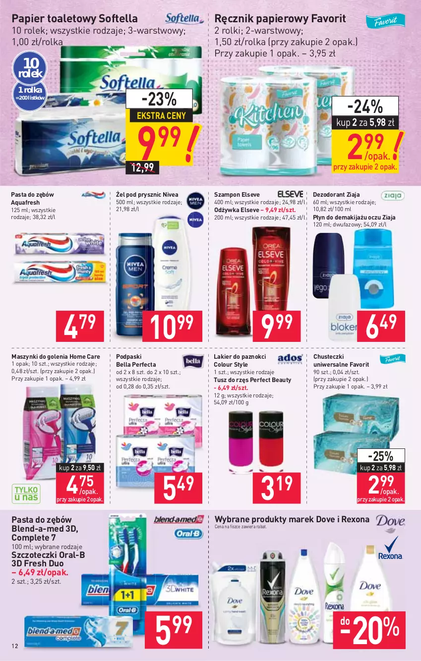 Gazetka promocyjna Stokrotka - Supermarket - ważna 16.09 do 22.09.2021 - strona 12 - produkty: Aquafresh, Bell, Bella, Blend-a-Med, Chusteczki, Dezodorant, Dove, Elseve, Fa, Lakier, Lakier do paznokci, Makijaż, Nivea, Odżywka, Papier, Papier toaletowy, Pasta do zębów, Perfecta, Podpaski, Ręcznik, Rexona, Rolki, Szampon, Tusz, Ziaja