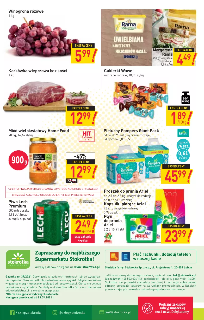 Gazetka promocyjna Stokrotka - Supermarket - ważna 16.09 do 22.09.2021 - strona 16 - produkty: Ariel, Cukier, Cukierki, Gra, Karkówka wieprzowa, Lech Premium, Margaryna, Miód, O nas, Pampers, Pieluchy, Piwa, Piwo, Płyn do prania, Proszek do prania, Rama, Telefon, Wagi, Wawel, Wino, Winogrona