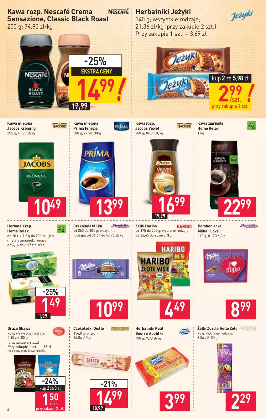 Gazetka promocyjna Stokrotka - Supermarket - ważna 16.09 do 22.09.2021 - strona 6 - produkty: Czekolada, Haribo, Herbata, Herbatniki, Herbatniki Petit Beurre, Jacobs, Jacobs Krönung, Jacobs Velvet, Jeżyki, Kawa, Kawa mielona, Kawa ziarnista, Lack, Mięta, Milka, Nescafé, Prima, Rodzynki, Rum, Velvet