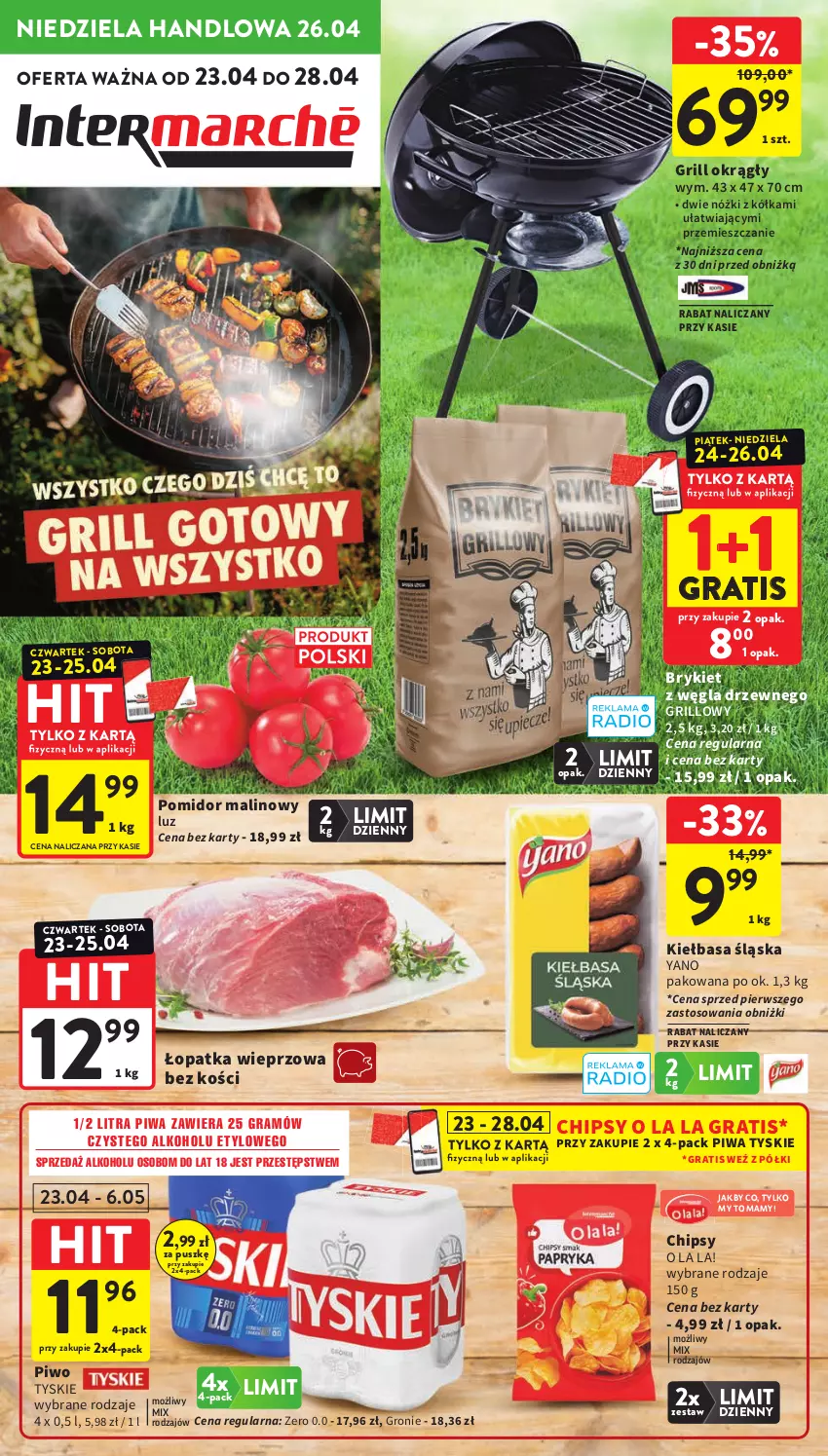 Gazetka promocyjna Intermarche - Gazetka Intermarche - ważna 23.04 do 28.04.2026 - strona 1 - produkty: Chipsy, Gra, Grill, Kiełbasa, Kiełbasa śląska, Piwa, Piwo, Pomidor malinowy, Tyskie