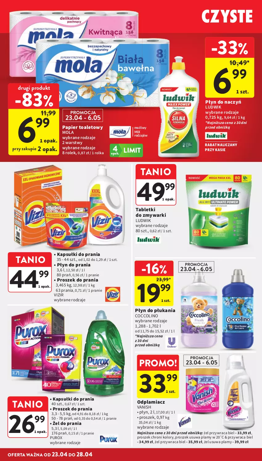 Gazetka promocyjna Intermarche - Gazetka Intermarche - ważna 23.04 do 28.04.2026 - strona 40 - produkty: Coccolino, Kapsułki do prania, Ludwik, Mola, Odplamiacz, Papier, Papier toaletowy, Płyn do płukania, Płyn do prania, Proszek do prania, Pur, Tablet, Tabletki do zmywarki, Vanish, Vizir, Zmywarki