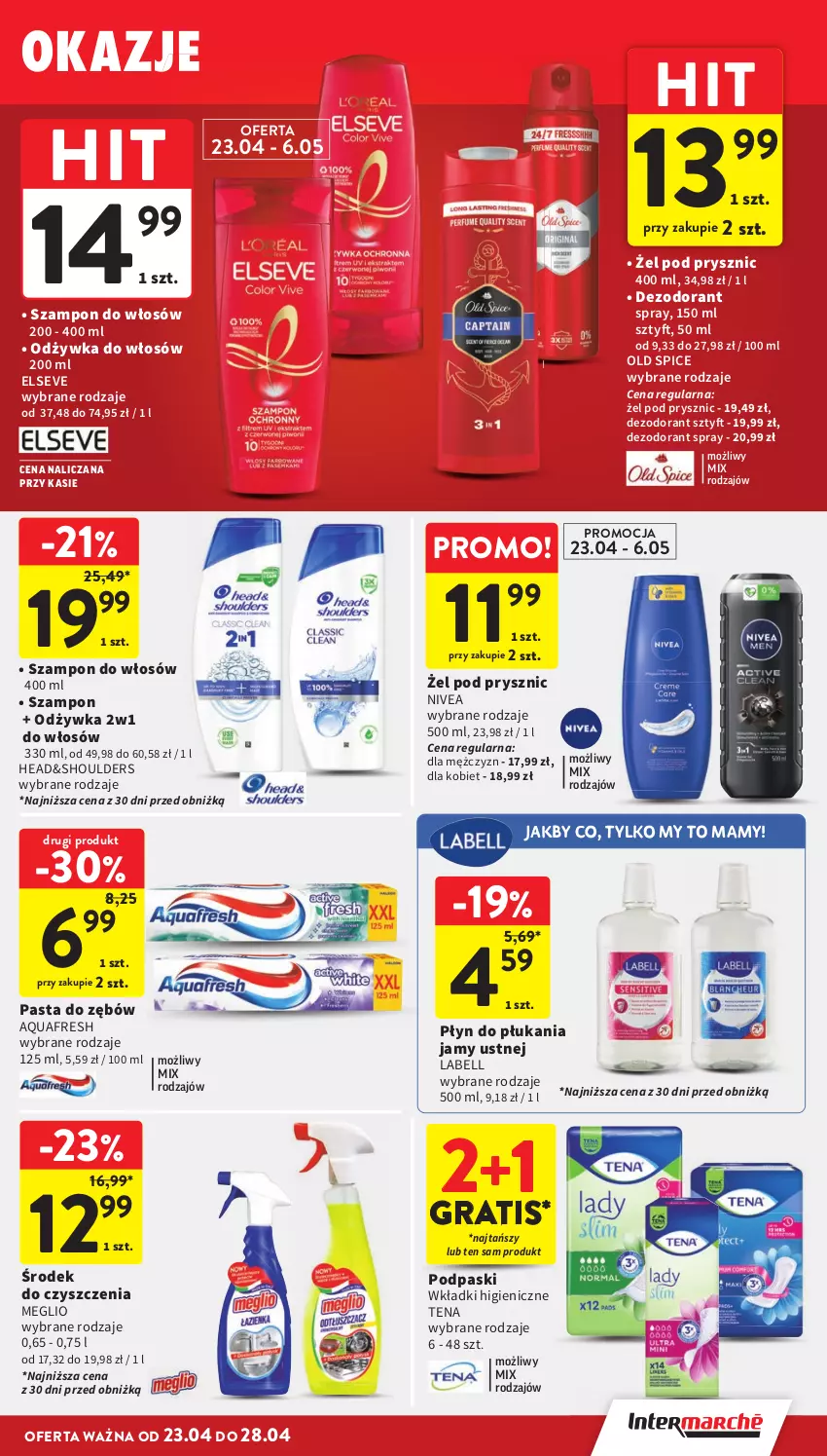 Gazetka promocyjna Intermarche - Gazetka Intermarche - ważna 23.04 do 28.04.2026 - strona 41 - produkty: Aquafresh, Bell, Dezodorant, Elseve, Gra, Nivea, Odżywka, Old Spice, Pasta do zębów, Płyn do płukania, Płyn do płukania jamy ustnej, Podpaski, Szampon, Wkładki