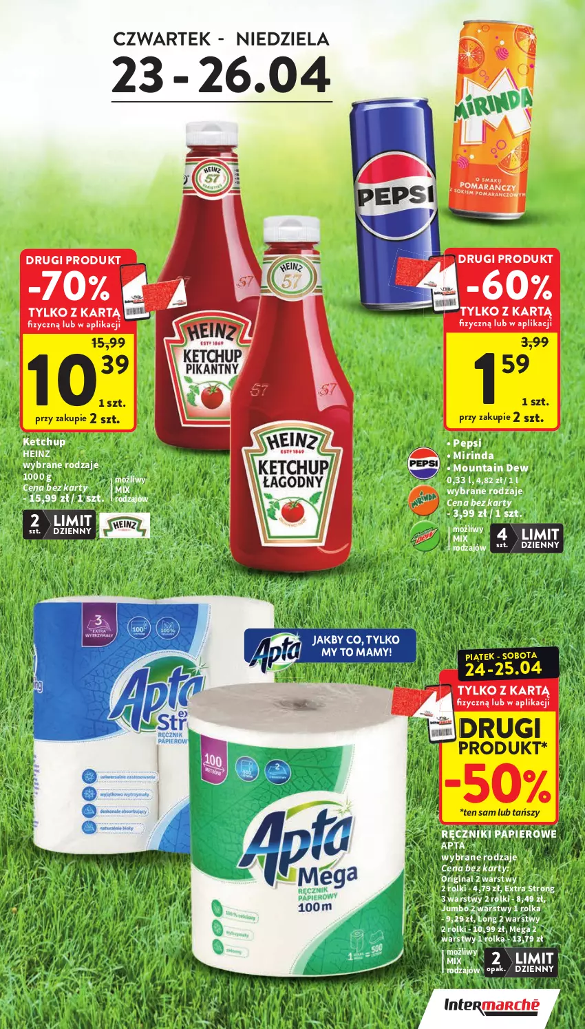 Gazetka promocyjna Intermarche - Gazetka Intermarche - ważna 23.04 do 28.04.2026 - strona 5 - produkty: Gin, Heinz, Ketchup, Mirinda, Papier, Pepsi, Ręcznik, Ręczniki papierowe, Rolki