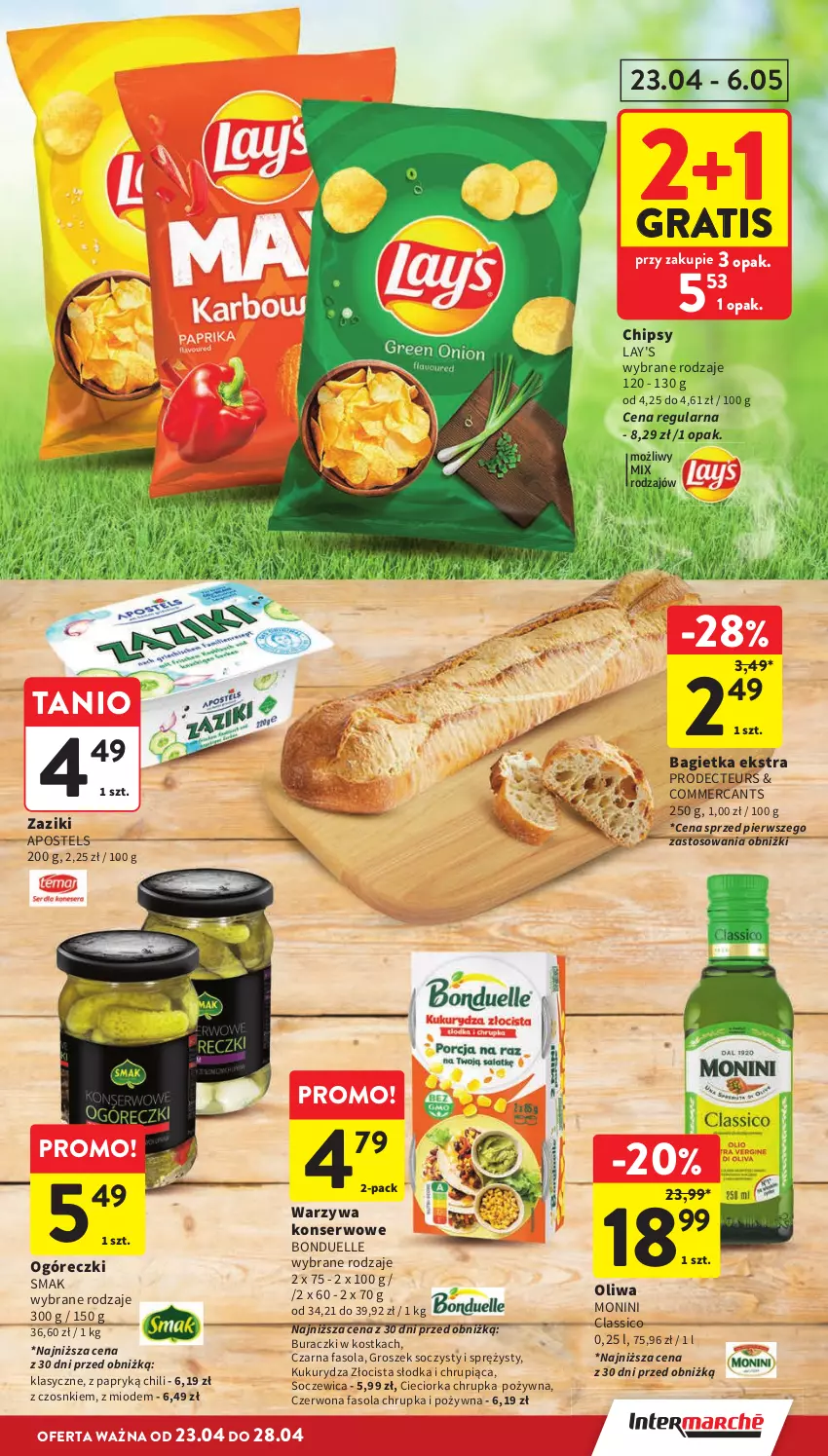Gazetka promocyjna Intermarche - Gazetka Intermarche - ważna 23.04 do 28.04.2026 - strona 9 - produkty: Bagietka, Bonduelle, Buraczki, Chipsy, Cieciorka, Fa, Fasola, Gra, Groszek, Kukurydza, Monini, Orka, Ser, Warzywa, Warzywa konserwowe