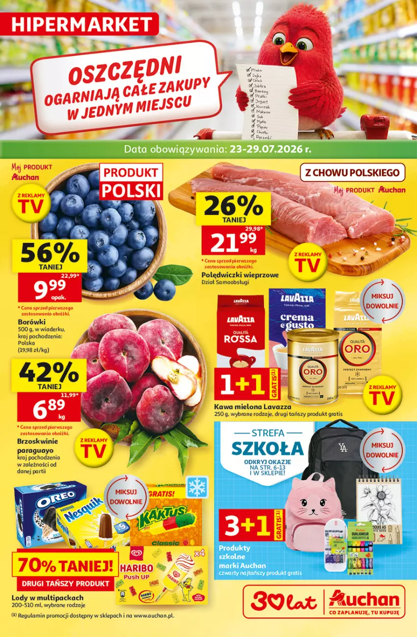 Gazetka promocyjna Auchan - Gazetka 30 Lat Hipermarket Auchan - ważna 23.07 do 29.07.2026 - strona 1 - produkty: Brzoskwinie, Fa, Gra, Jabłka, Kawa, Kawa mielona, Lavazza, Lody, Mydło, Ręcznik