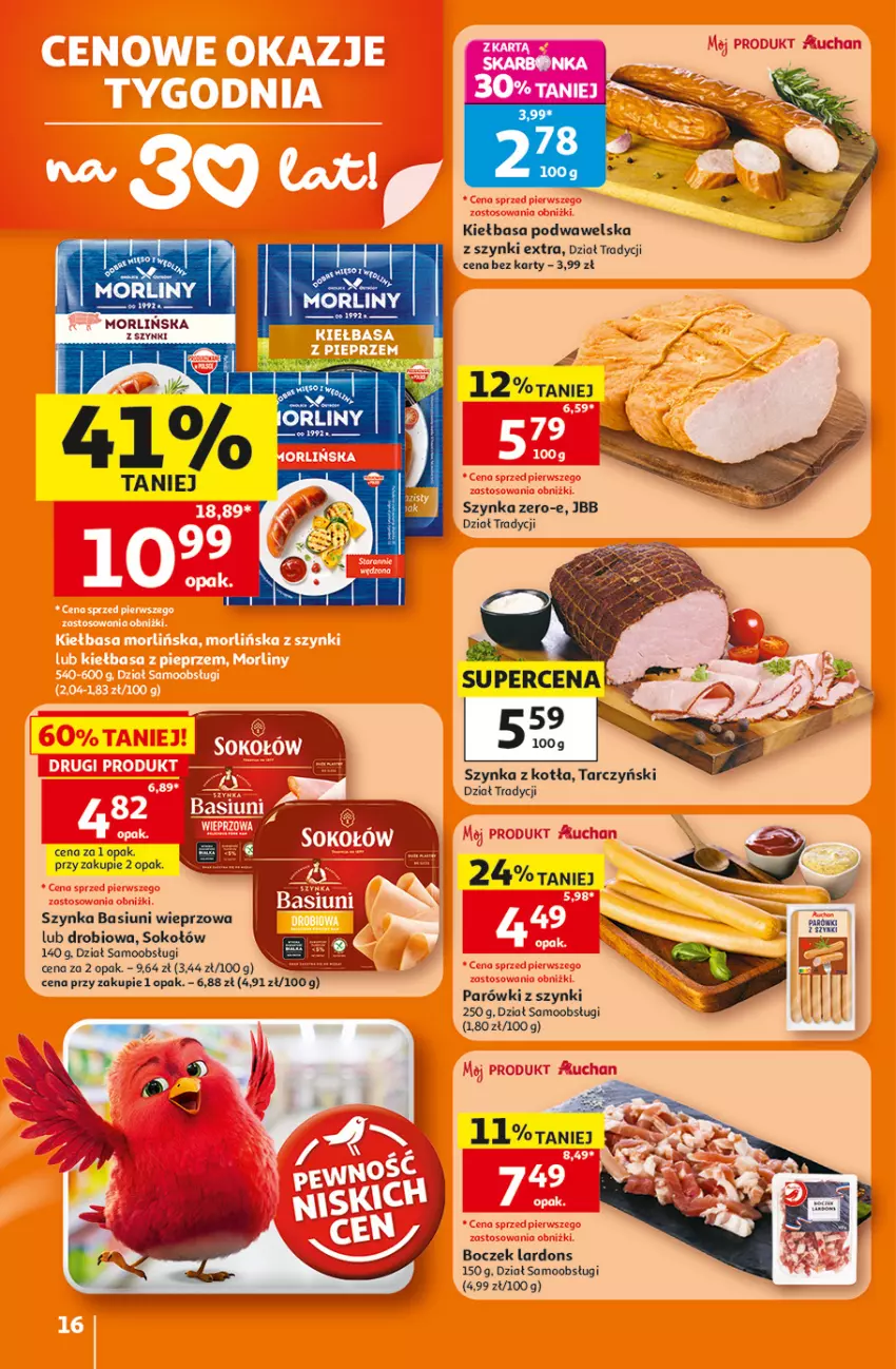 Gazetka promocyjna Auchan - Gazetka 30 Lat Hipermarket Auchan - ważna 23.07 do 29.07.2026 - strona 16 - produkty: Boczek, Kiełbasa, Kiełbasa podwawelska, Morliny, Parówki, Parówki z szynki, Sok, Sokołów, Szynka, Tarczyński, Wawel