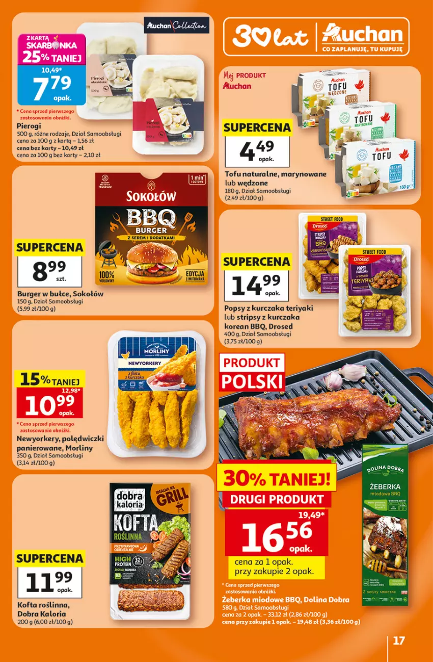 Gazetka promocyjna Auchan - Gazetka 30 Lat Hipermarket Auchan - ważna 23.07 do 29.07.2026 - strona 17 - produkty: Burger, Kurczak, Morliny, Pierogi, Polędwiczki panierowane, Ser, Sito, Sok, Sokołów, Tofu