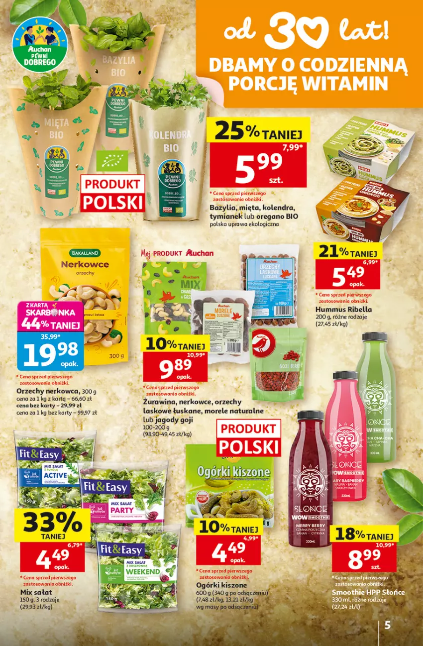 Gazetka promocyjna Auchan - Gazetka 30 Lat Hipermarket Auchan - ważna 23.07 do 29.07.2026 - strona 5 - produkty: Bazyl, Bazylia, Bell, Bella, HP, Hummus, Jagody, Jagody goji, Kolendra, Mięta, Mus, Sałat