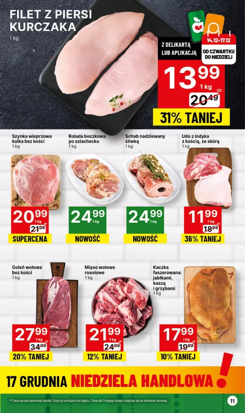 Gazetka promocyjna Delikatesy Centrum - Gazetka DC49 czw-śr - ważna 14.12 do 26.12.2023 - strona 11 - produkty: Fa, Filet z piersi kurczaka, Jabłka, Kaczka, Kurczak, Mięso, Mięso wołowe, Rolada, Szynka, Szynka wieprzowa