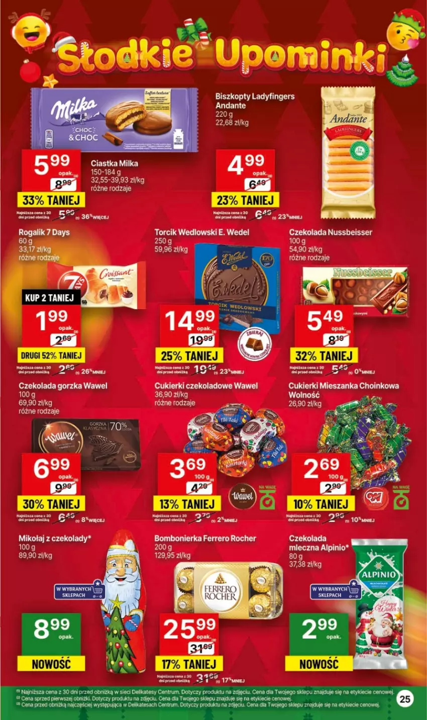 Gazetka promocyjna Delikatesy Centrum - Gazetka DC49 czw-śr - ważna 14.12 do 26.12.2023 - strona 25 - produkty: 7 Days, Ciastka, Cukier, Cukierki, Cukierki czekoladowe, Czekolada, Czekolada gorzka, E. Wedel, Ferrero, Ferrero Rocher, Milka, Rogal, Rum, Ser, Wawel