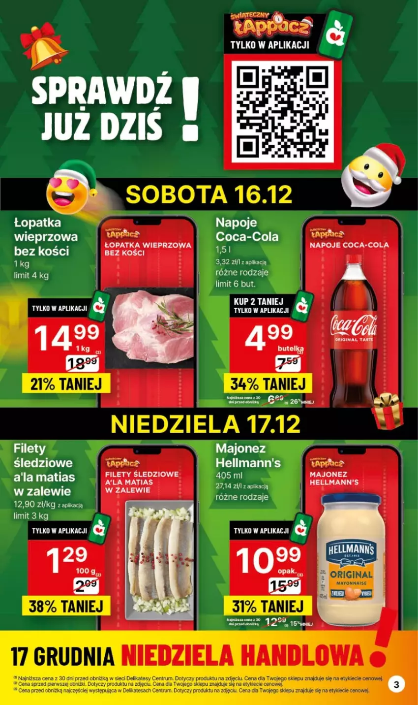 Gazetka promocyjna Delikatesy Centrum - Gazetka DC49 czw-śr - ważna 14.12 do 26.12.2023 - strona 3 - produkty: Coca-Cola, Gin, Majonez, Napoje