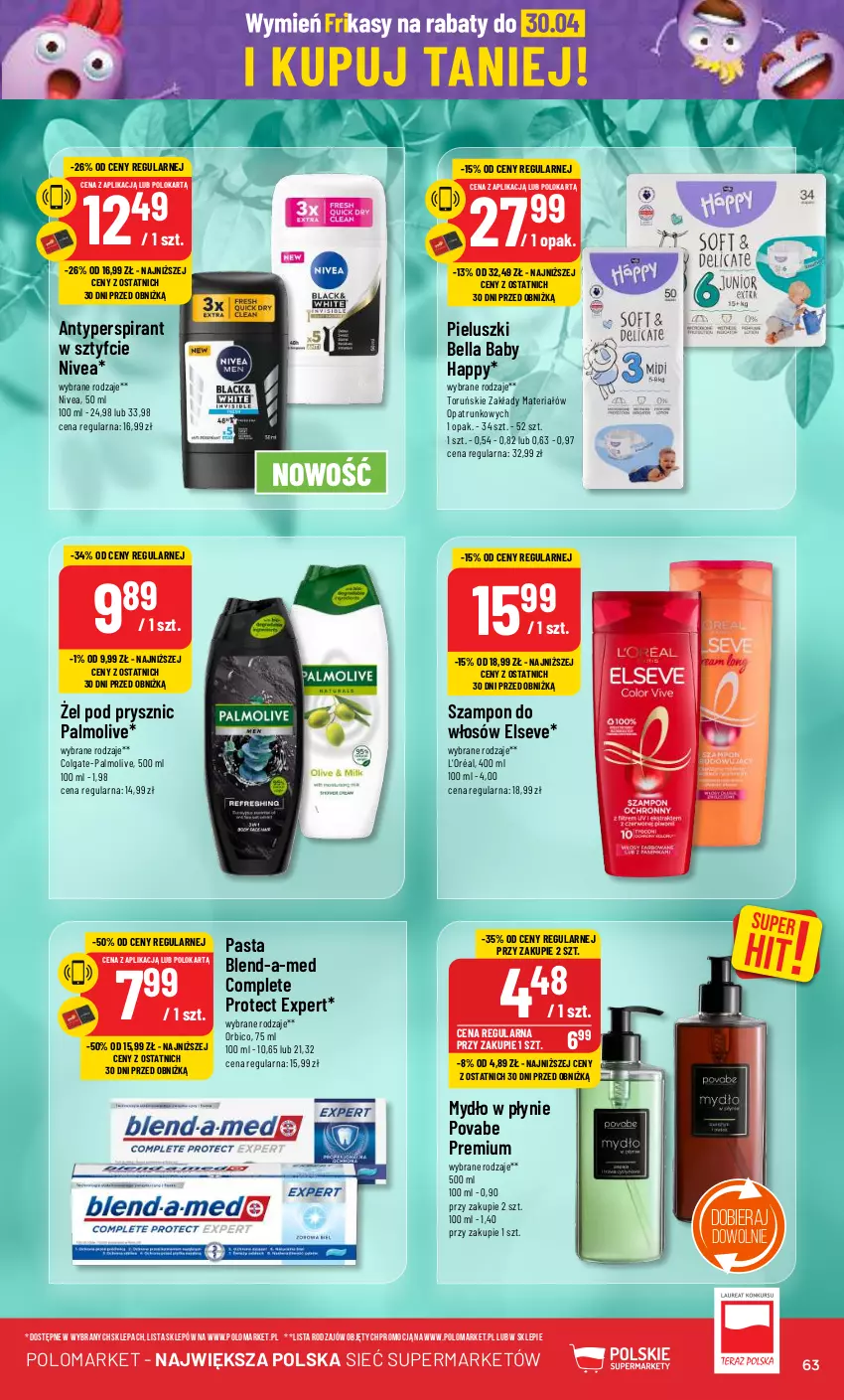 Gazetka promocyjna PoloMarket - Gazetka pomocyjna - ważna 17.04 do 23.04.2024 - strona 63 - produkty: Antyperspirant, Bell, Bella, BIC, Blend-a-Med, Colgate, Elseve, L’Oréal, LG, Mydło, Mydło w płynie, Nivea, Palmolive, Szampon