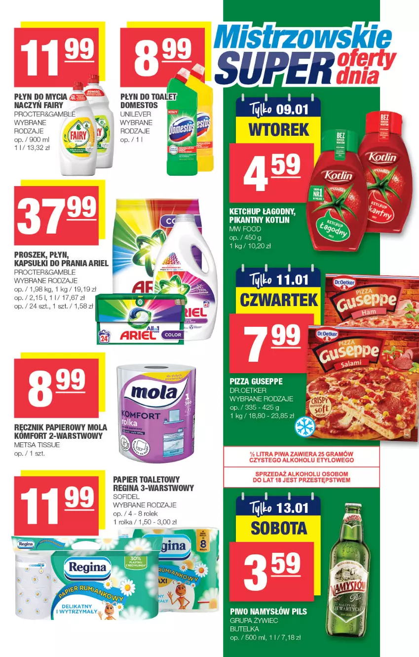 Gazetka promocyjna Spar - Spar - ważna 01.01 do 11.01.2024 - strona 7 - produkty: Ariel, Domestos, Fa, Fairy, Gin, Kapsułki do prania, Ketchup, Kotlin, Mola, Namysłów, Papier, Papier toaletowy, Piwo, Pizza, Płyn do mycia, Ręcznik, Tera