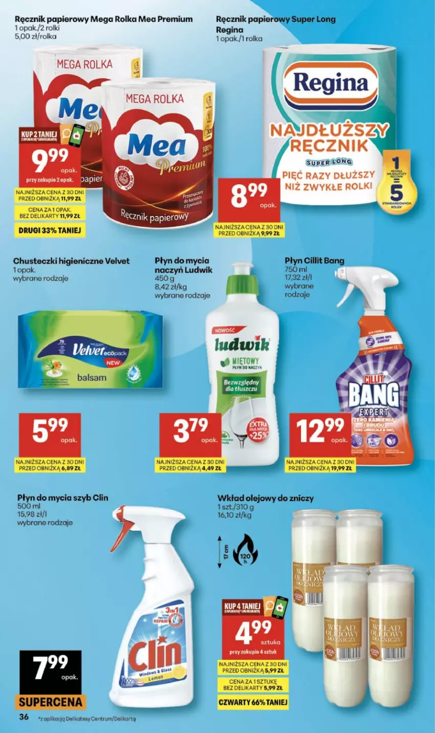 Gazetka promocyjna Delikatesy Centrum - Franczyza DC18 Czwartek - ważna 30.04 do 06.05.2026 - strona 36 - produkty: Chusteczki, Cillit Bang, Clin, Gin, Ludwik, Olej, Papier, Płyn do mycia, Ręcznik, Rolki, Rum, Velvet, Wkład olejowy, Znicz