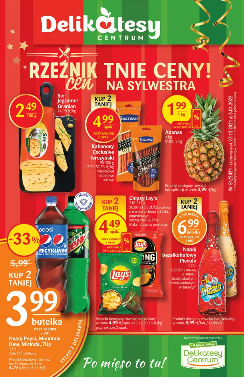 Gazetka promocyjna Delikatesy Centrum - Gazetka DC51 n. fresh - ważna 27.12.2021 do 03.01.2022 - strona 1 - produkty: 7up, Gra, Jagr, Kabanos, Mirinda, Napój, Pepsi, Rum, Tarczyński