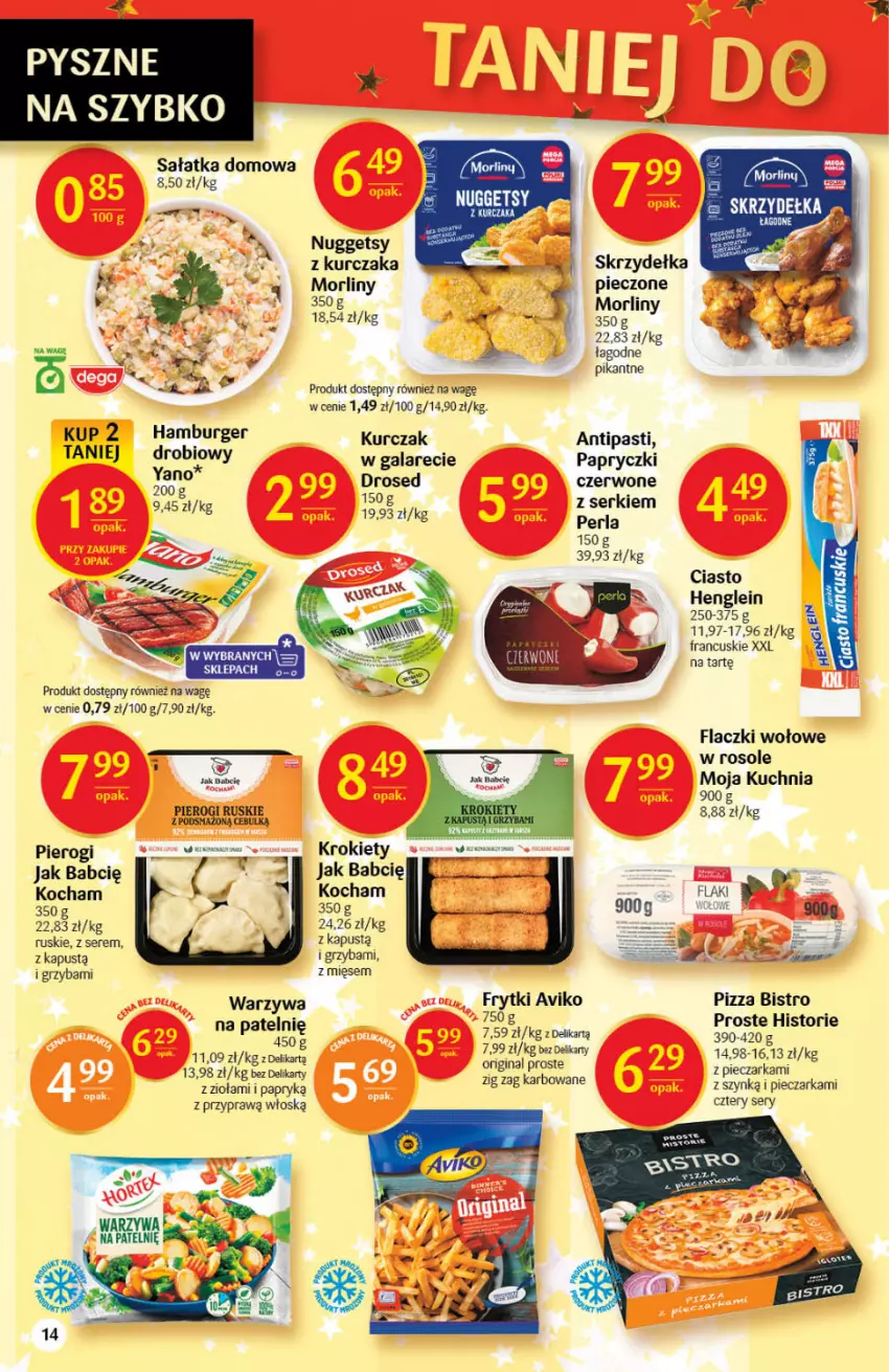 Gazetka promocyjna Delikatesy Centrum - Gazetka DC51 n. fresh - ważna 27.12.2021 do 03.01.2022 - strona 14 - produkty: Burger, Flaczki wołowe, Frytki, Gala, Gin, Hamburger, Kapustą, Koc, Krokiety, Kuchnia, Kurczak, Morliny, Piec, Pieczarka, Pierogi, Pizza, Sałat, Sałatka, Ser, Warzywa