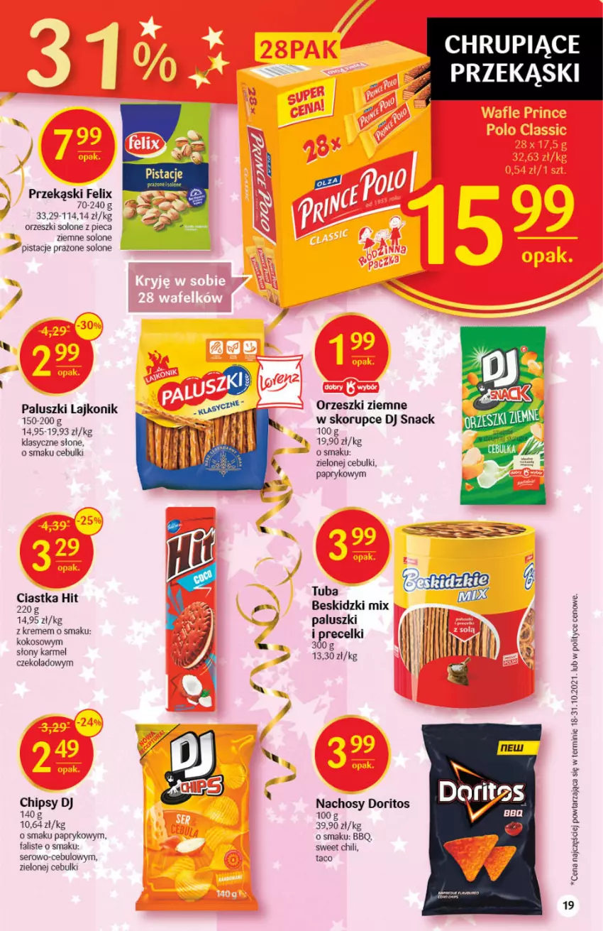 Gazetka promocyjna Delikatesy Centrum - Gazetka DC51 n. fresh - ważna 27.12.2021 do 03.01.2022 - strona 19 - produkty: Beskidzki, Chipsy, Ciastka, Fa, Felix, Kokos, Lajkonik, Orzeszki, Orzeszki ziemne, Piec, Pistacje, Precelki, Ser