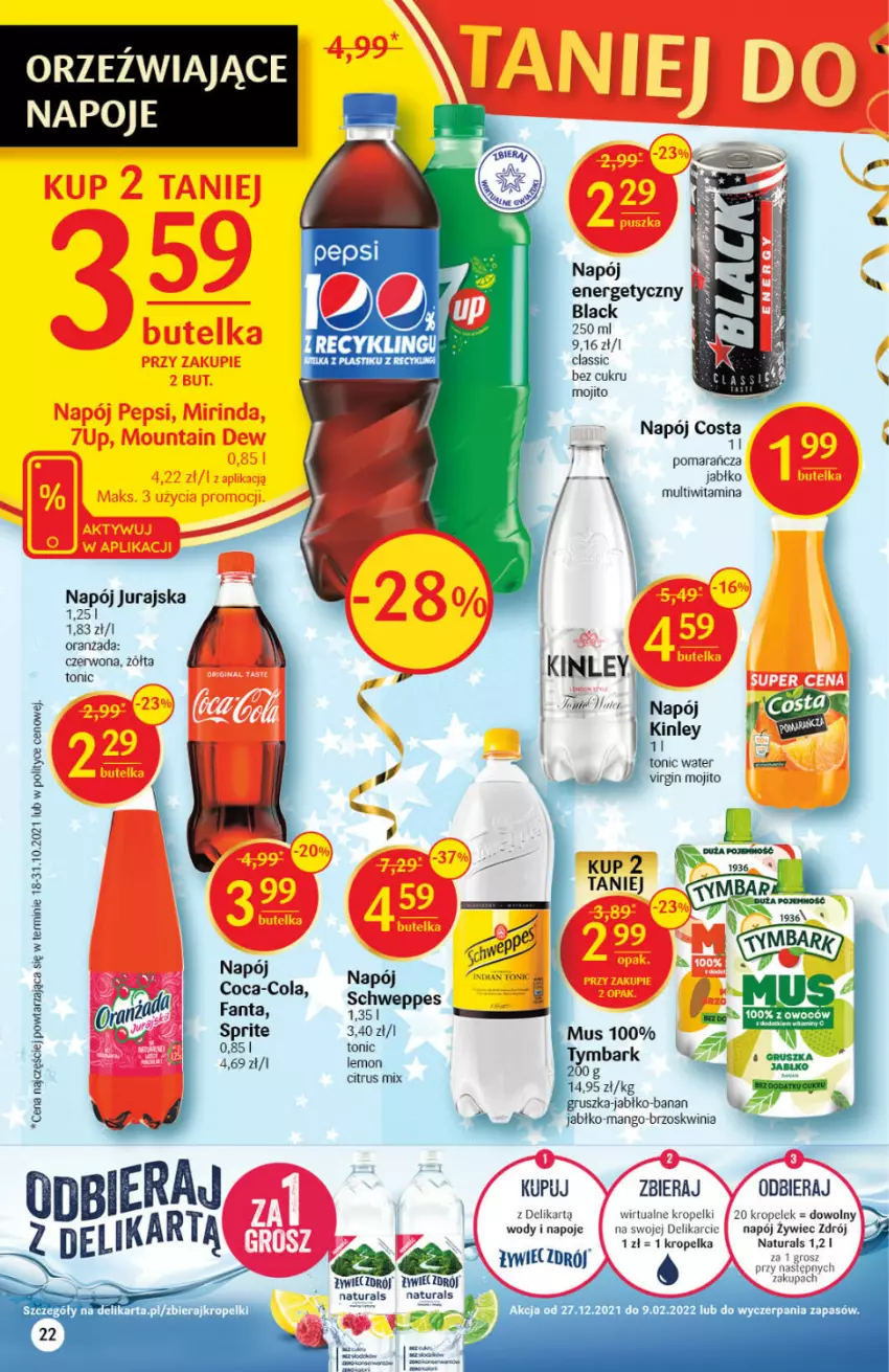 Gazetka promocyjna Delikatesy Centrum - Gazetka DC51 n. fresh - ważna 27.12.2021 do 03.01.2022 - strona 22 - produkty: Coca-Cola, Fa, Fanta, Gin, Lack, Mango, Napój, Napój energetyczny, Napoje, Oranżada, Schweppes, Sprite