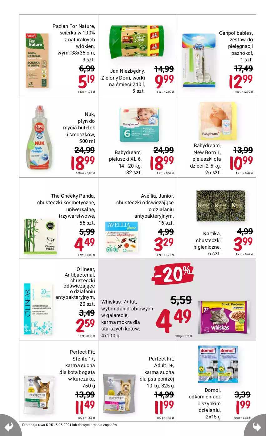 Gazetka promocyjna Rossmann - Maj - ważna 05.05 do 15.05.2021 - strona 12 - produkty: Babydream, Canpol, Chusteczki, Chusteczki kosmetyczne, Domol, Dzieci, Gala, Jan Niezbędny, Kurczak, Odkamieniacz, Panda, Płyn do mycia, Whiskas, Worki na śmiec, Worki na śmieci