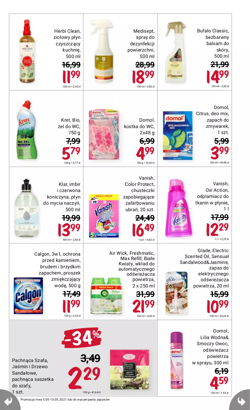 Gazetka promocyjna Rossmann - Maj - ważna 05.05 do 15.05.2021 - strona 13 - produkty: Air Wick, Calgon, Chusteczki, Do mycia naczyń, Domol, Fa, Imbir, Kostka do wc, Kret, LG, Odplamiacz, Odświeżacz powietrza, Płyn do mycia, Płyn do mycia naczyń, Sandał, Sensual, Szafa, Vanish